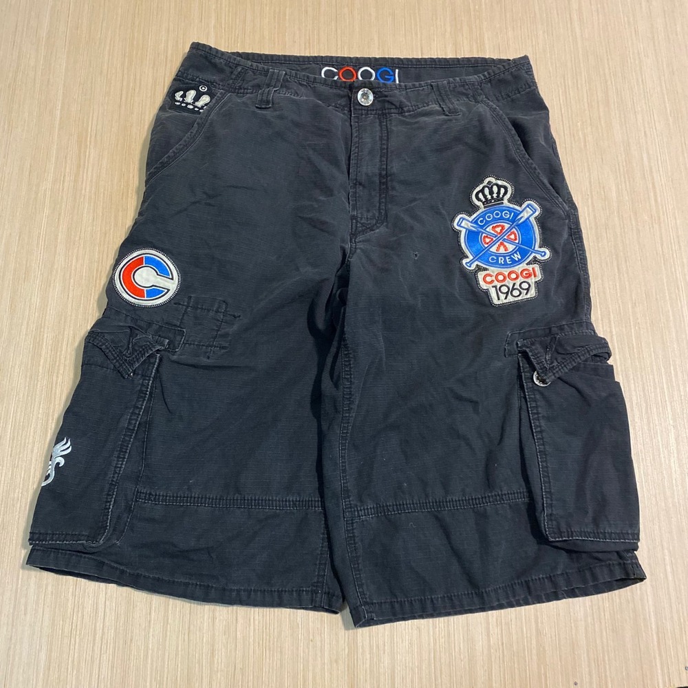 Coogi Mens Cargo Shorts Black Ripstop Embroidered Crew 1969 Streetwear Size 34